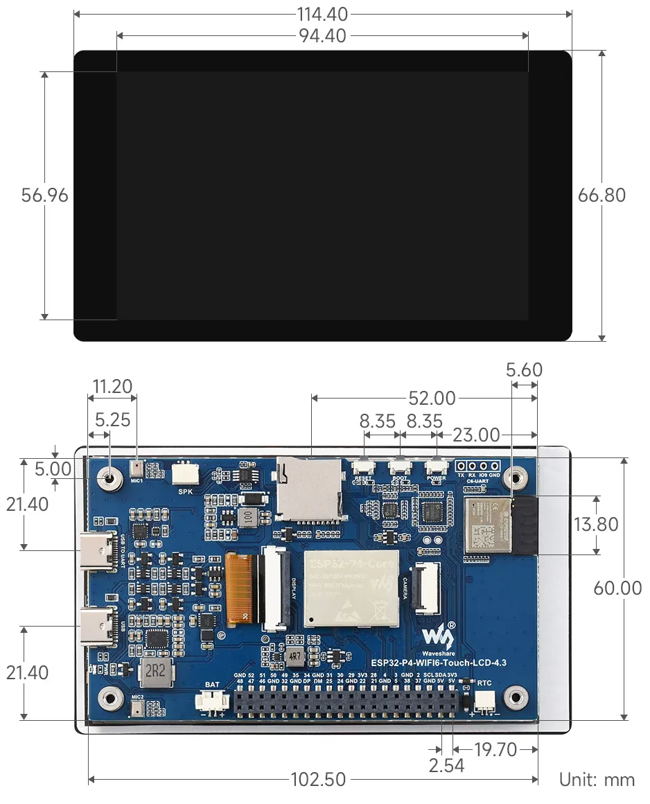 ESP32-P4-WIFI6-Touch-LCD-4.3 Product Dimensions