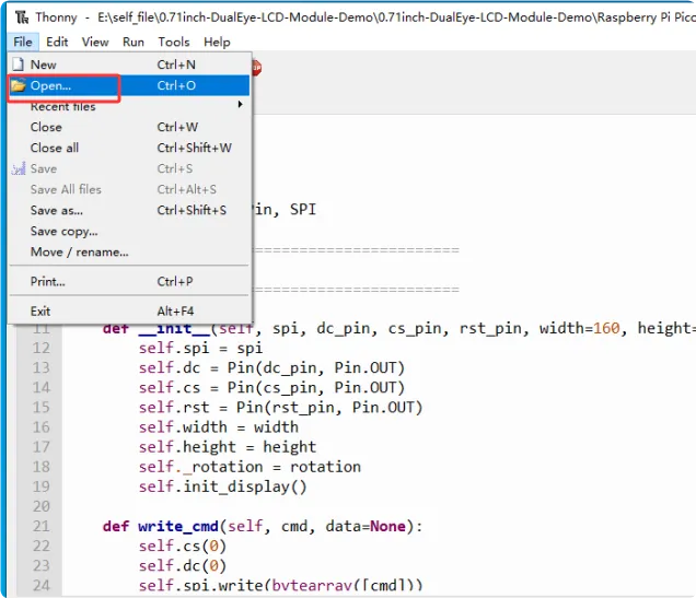Opening the Eye.py Example via the File Menu in Thonny