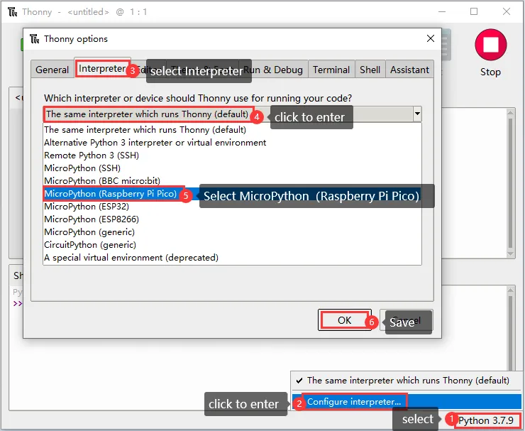 Thonny Raspberry Pi Pico Interpreter Configuration