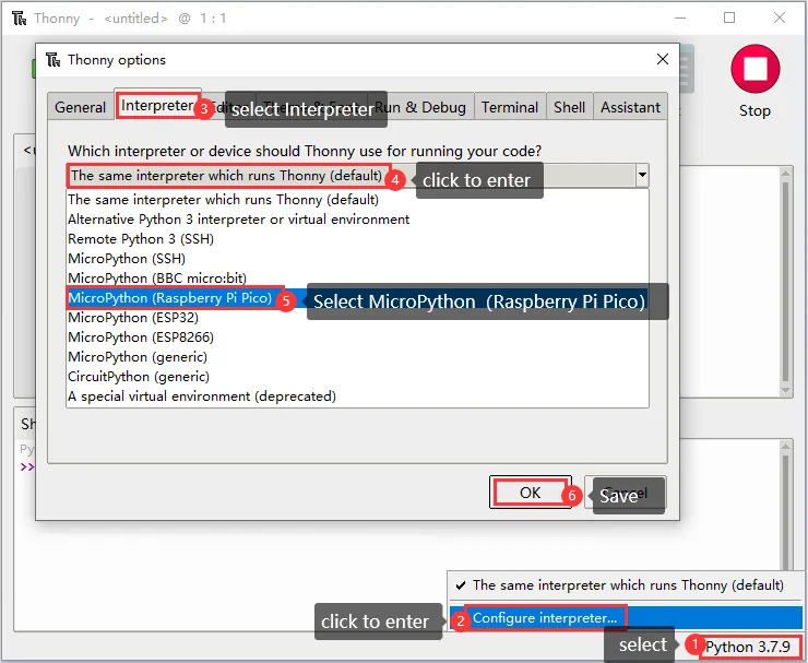 Thonny Raspberry Pi Pico Interpreter Configuration