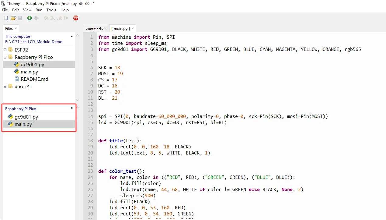 Saving gc9d01.py and main.py to the Raspberry Pi Pico