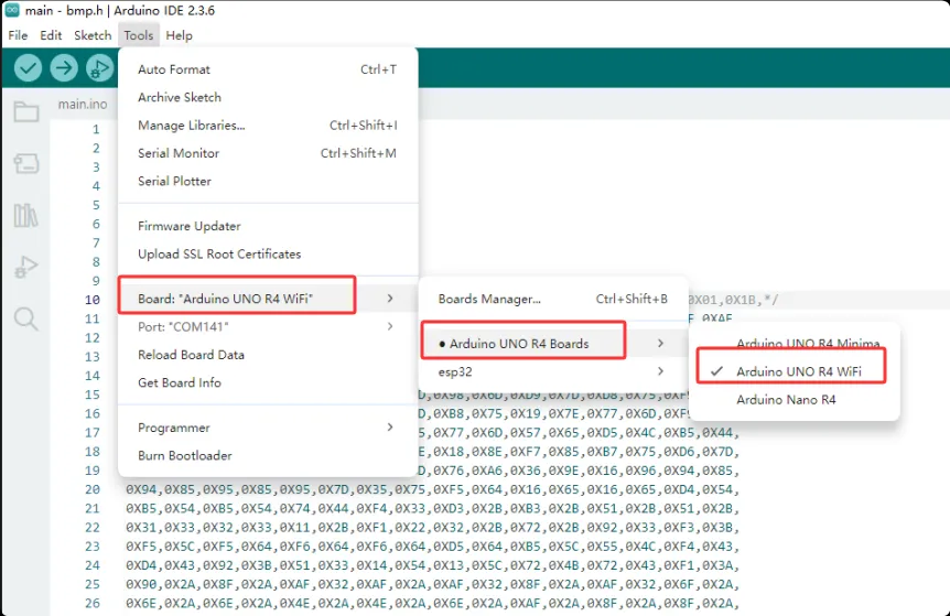 Selecting the Arduino UNO R4 WiFi Board in Arduino IDE