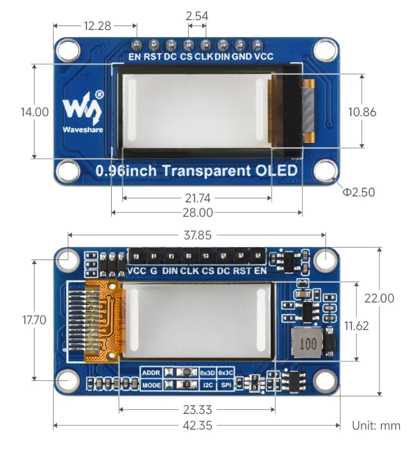 0.96inch Transparent OLED Product Dimensions