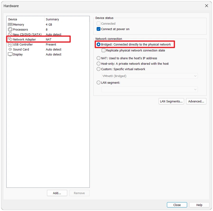 Configure Network Adapter as Bridged