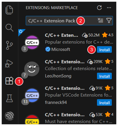 Search and install C/C++ Extension in VS Code