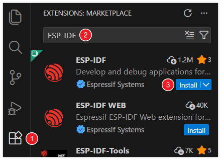 Searching for and installing the ESP-IDF extension in VS Code
