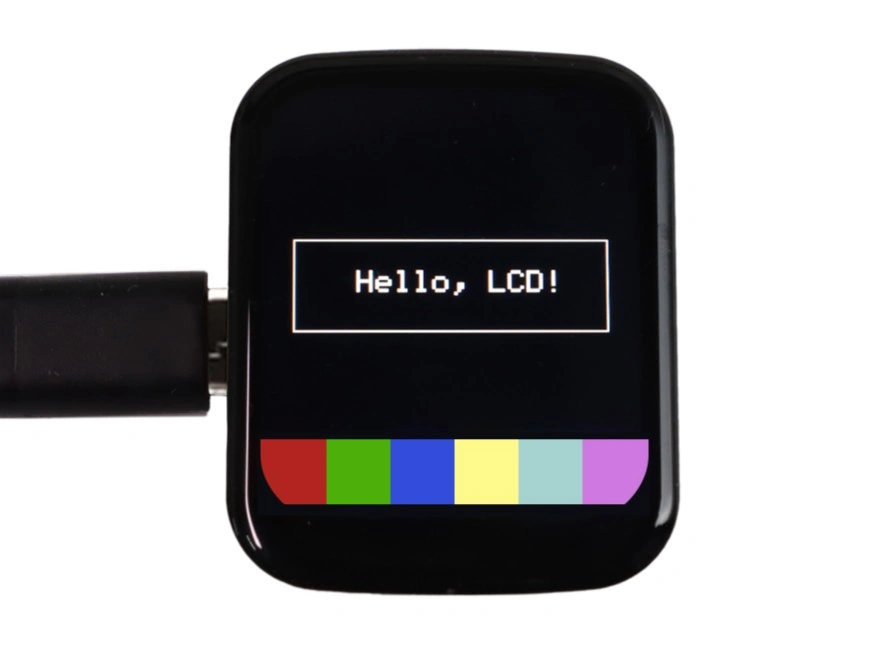 LCD showing Hello, LCD, a white rectangular outline, and six color blocks