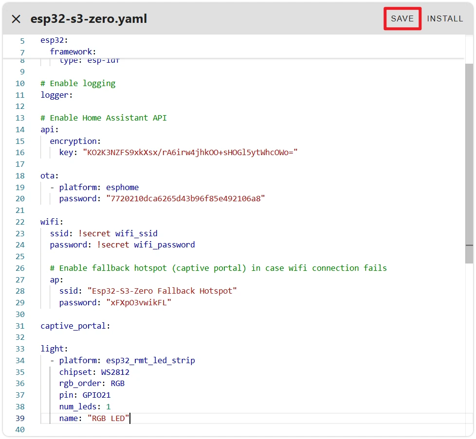 Full YAML with SAVE/INSTALL Buttons
