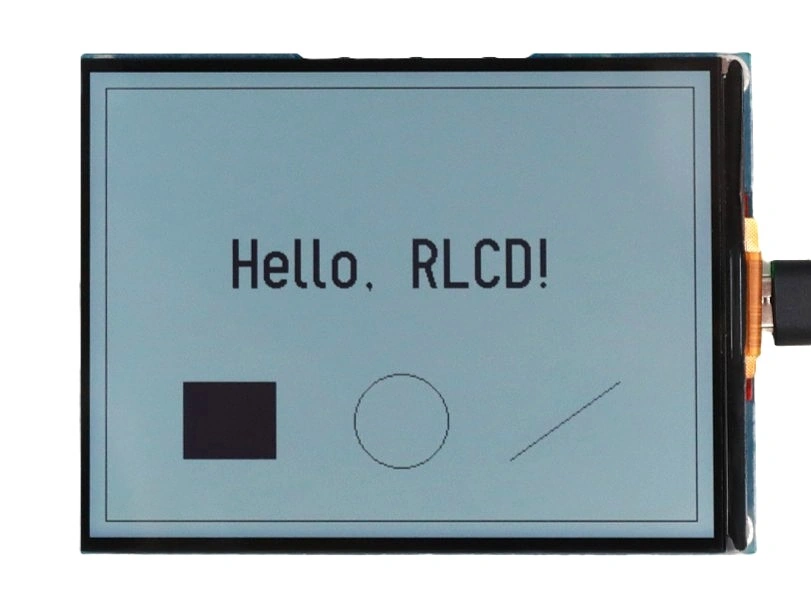 RLCD showing Hello, RLCD, a rectangle, a circle, and a line
