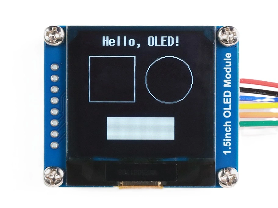 OLED showing a title, an outlined rectangle, an outlined circle, and a filled rectangle