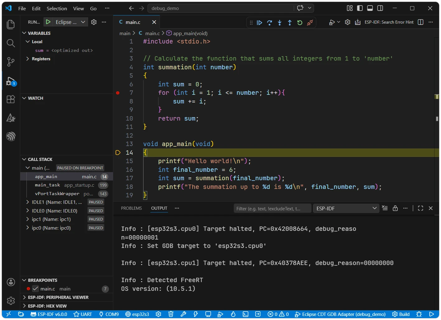 VS Code Debugging Interface After Startup
