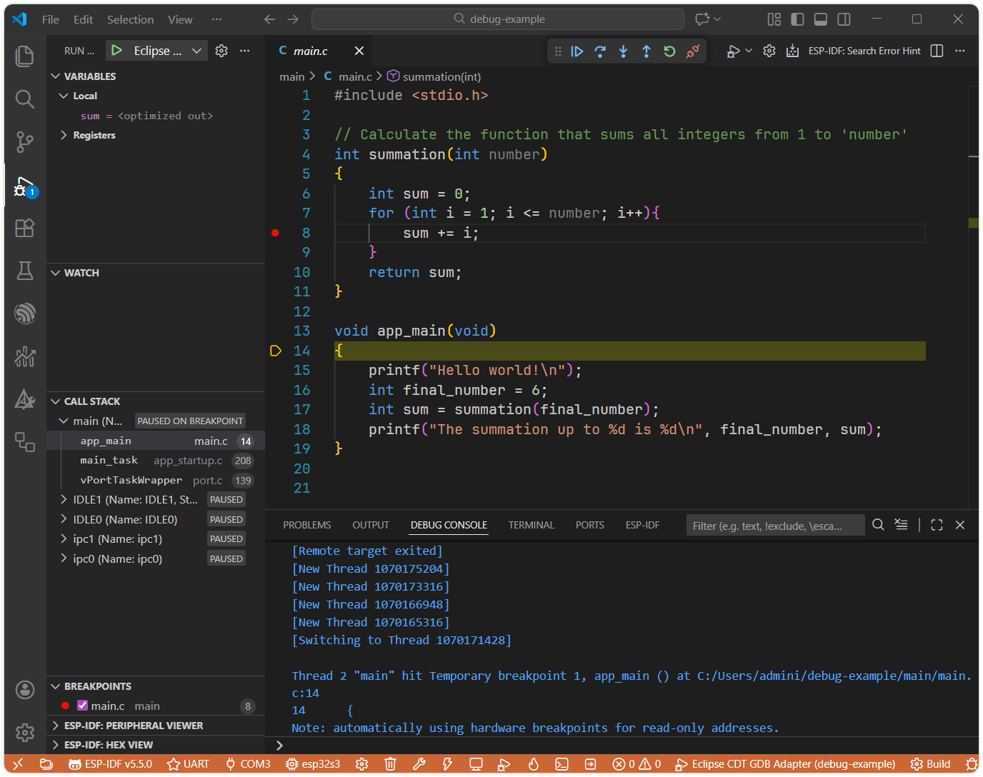 VS Code Debugging Interface After Startup