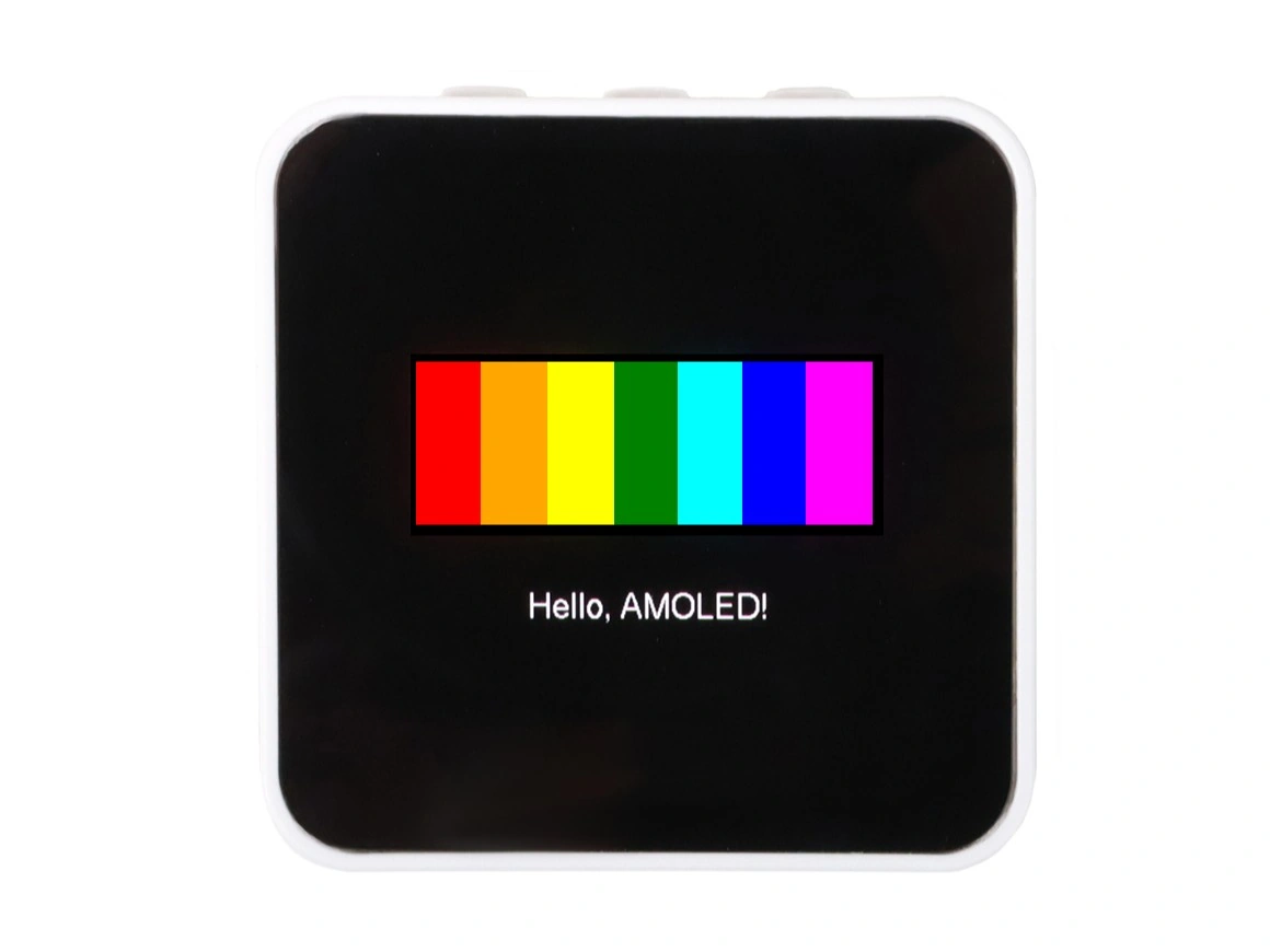 AMOLED showing color blocks and the text Hello, AMOLED!