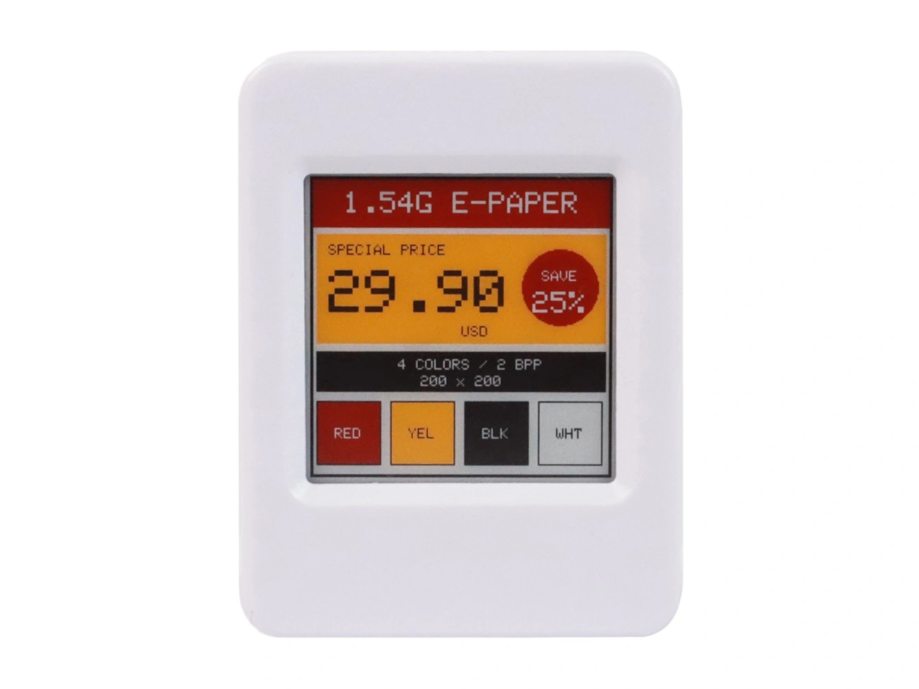 ESP32-S3-ePaper-1.54G showing a four-color price tag in red, yellow, black, and white