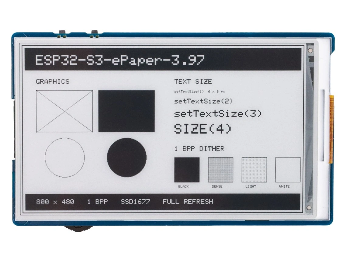 ESP32-S3-ePaper-3.97 showing geometric shapes, text in four sizes, and halftone-dithered patches