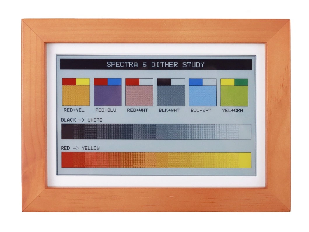 ESP32-S3-PhotoPainter showing six dithered mixed-color patches and two gradient bars