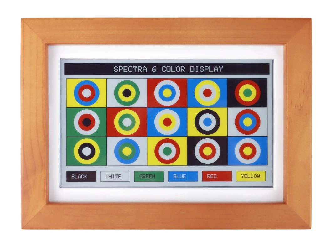 ESP32-S3-PhotoPainter showing a six-color concentric-circle array and a color chart at the bottom