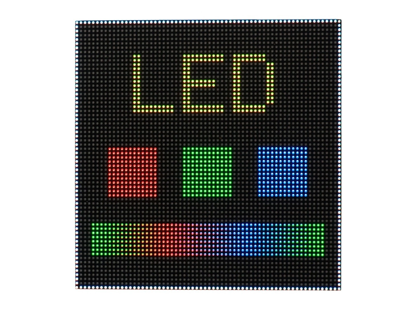 LED matrix showing an LED title, red, green, and blue blocks, and a rainbow gradient