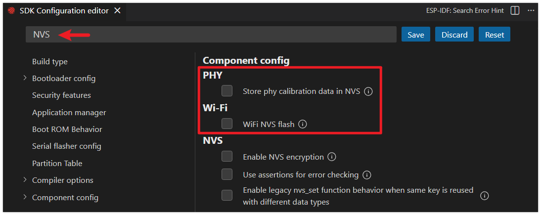 Disable NVS in the SDK Configuration Editor