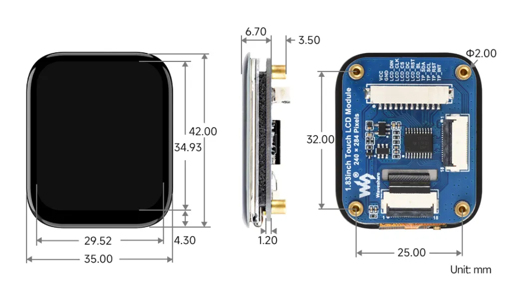 1.83inch_Touch_LCD_Module Product Dimensions