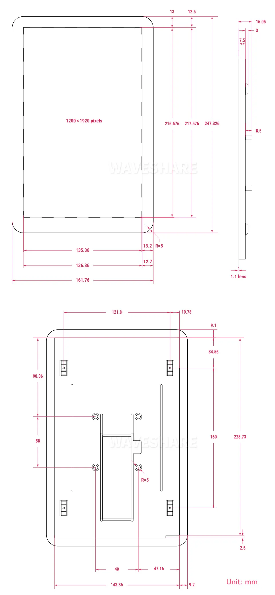 10.1inch Raspberry Pi Touch Display 2 Dimensions
