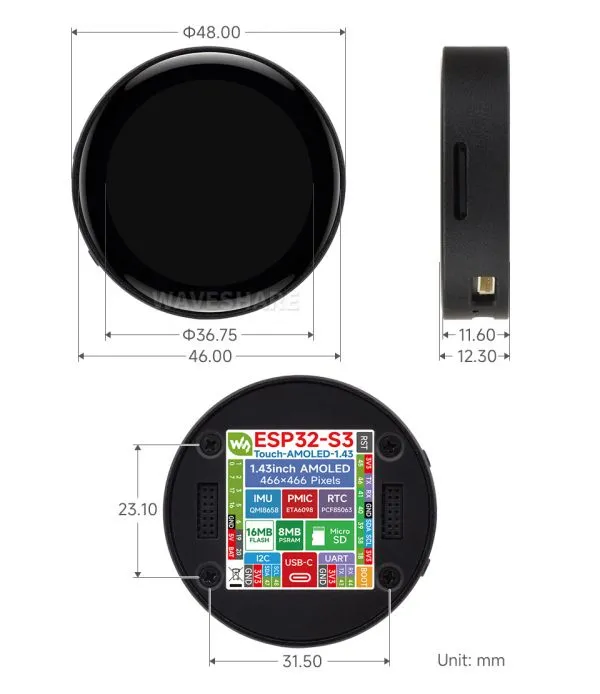 ESP32-S3-Touch-AMOLED-1.43-B Product Dimensions