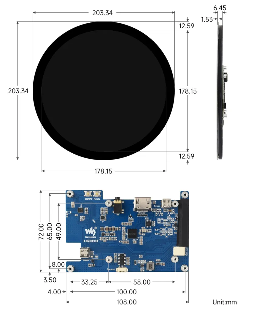 7inch_1080x1080_LCD Physical Dimensions
