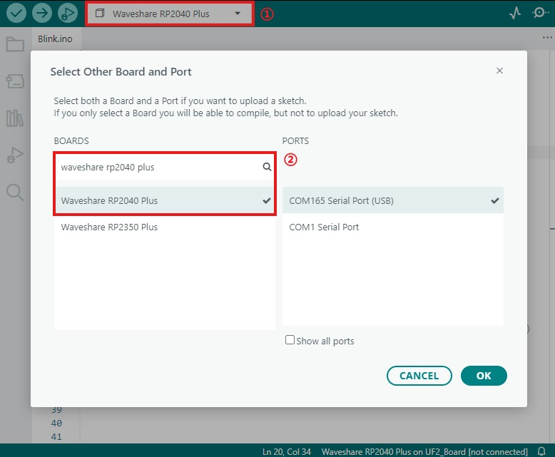 Selecting RP2040-Plus in Arduino IDE