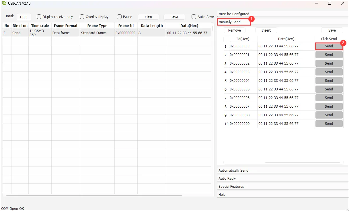 CAN transmit example result
