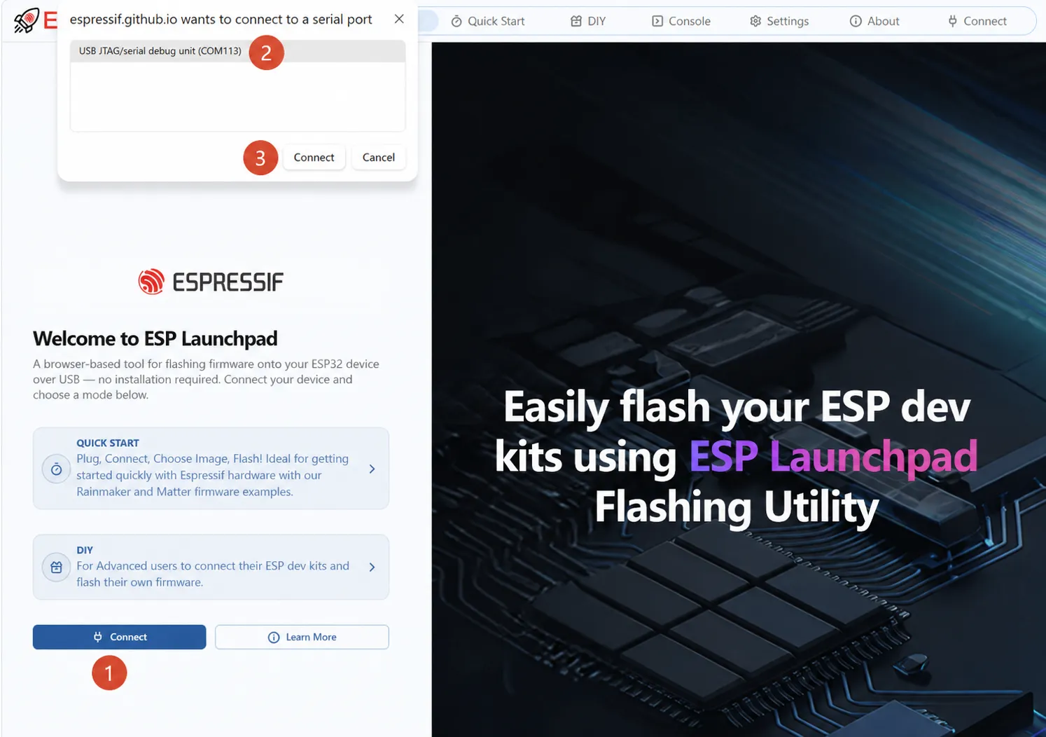 ESP Launchpad connecting to the development board and selecting the serial port