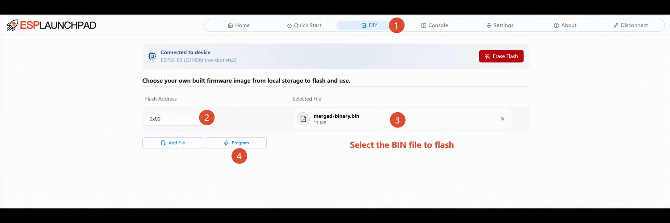Setting the flash address and selecting the merged firmware on the ESP Launchpad DIY page