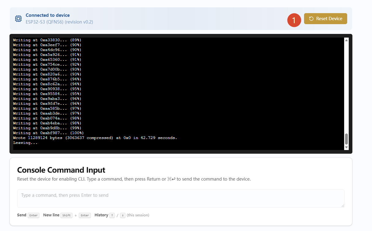 Clicking Reset Device to reset the device after ESP Launchpad flashing is complete