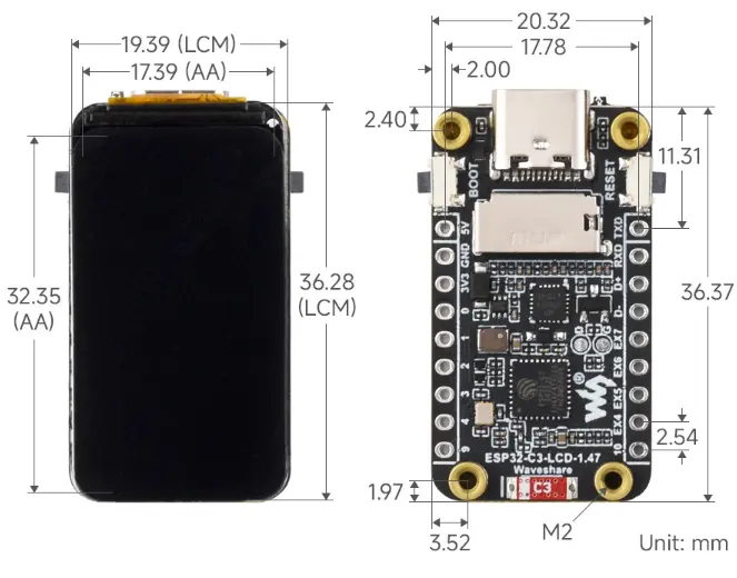 ESP32-C3-LCD-1.47 Product Dimensions