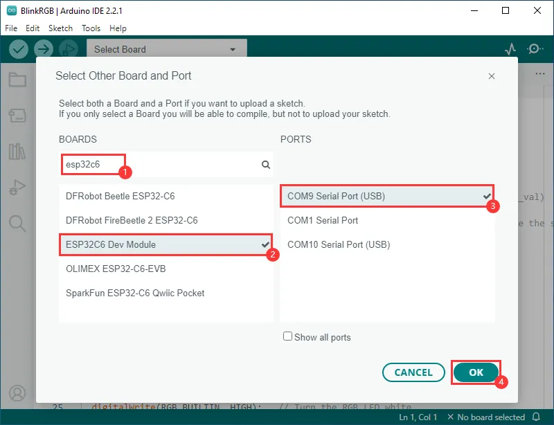 Select ESP32C6 Dev Module in Arduino IDE