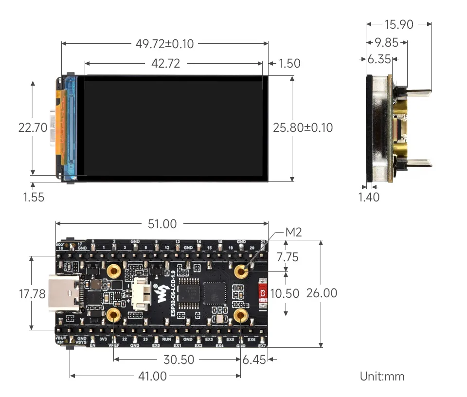 ESP32-C6-LCD-1.9 Product Dimensions