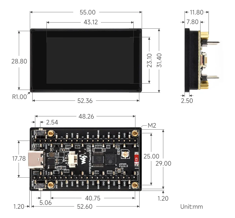 ESP32-C6-LCD-1.9 Product Dimensions