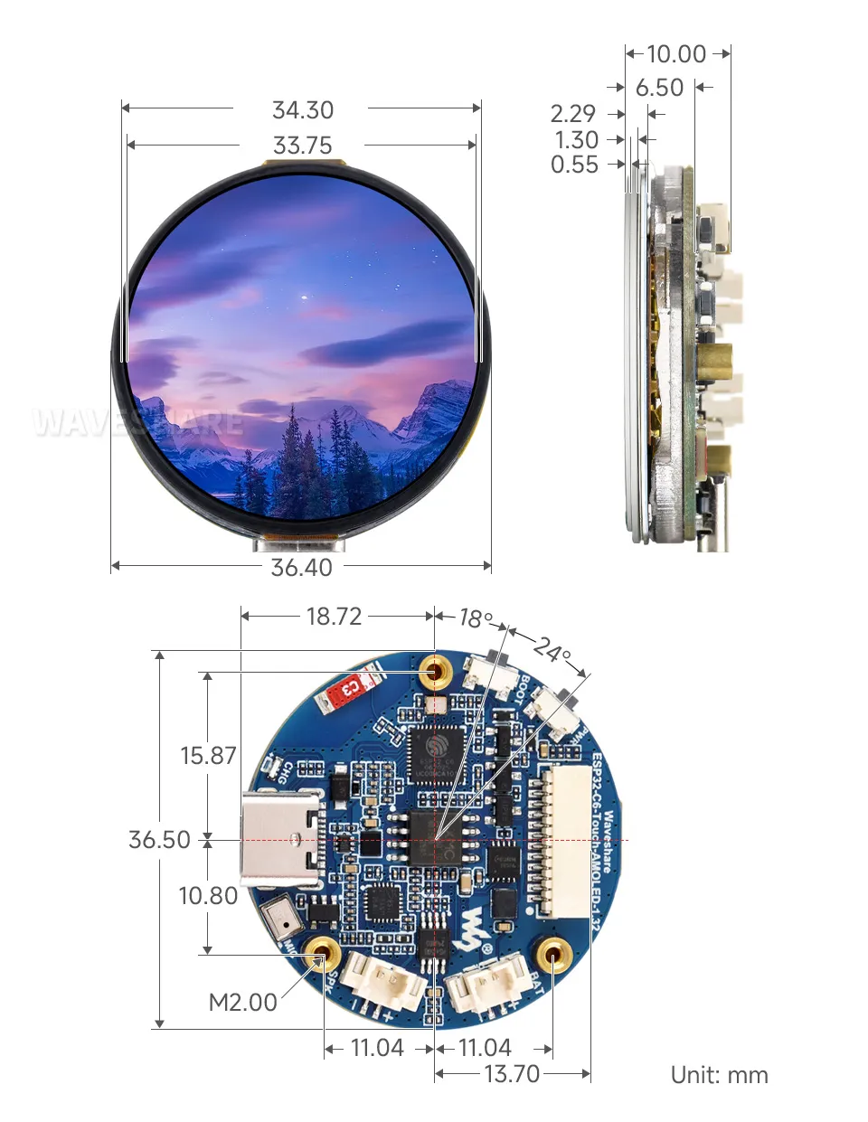ESP32-C6-Touch-AMOLED-1.32 Product Dimensions