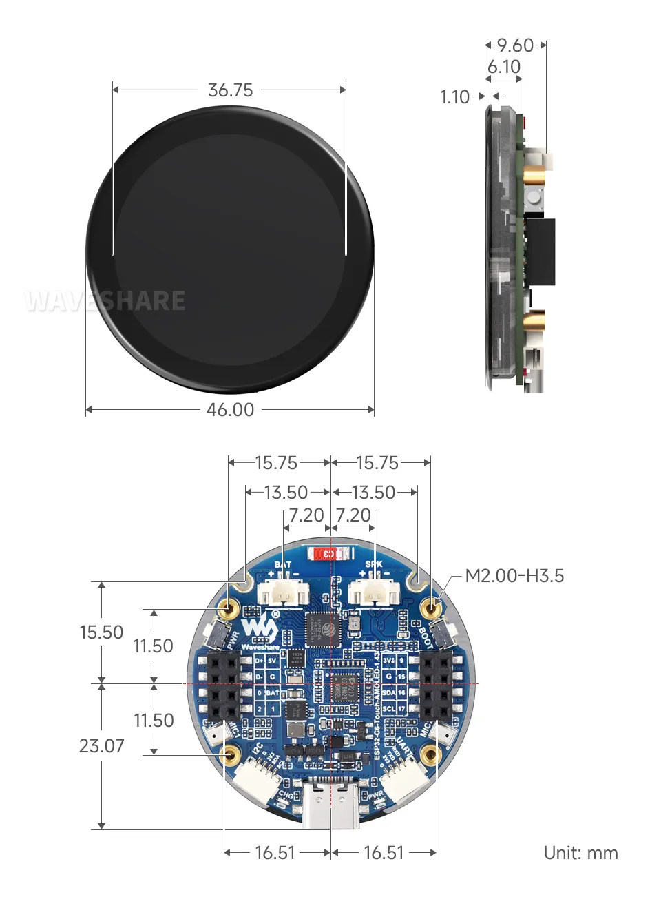 ESP32-C6-Touch-AMOLED-1.43 Product Dimensions