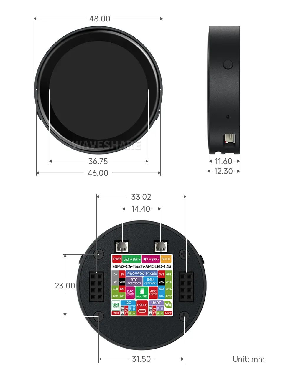 ESP32-C6-Touch-AMOLED-1.43-B Product Dimensions
