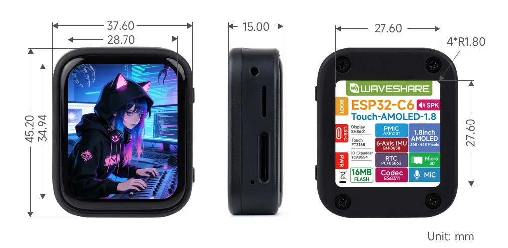 ESP32-C6-Touch-AMOLED-1.8 Product Dimensions