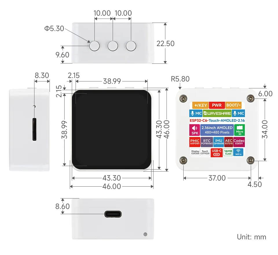ESP32-C6-Touch-AMOLED-2.16 Product Dimensions