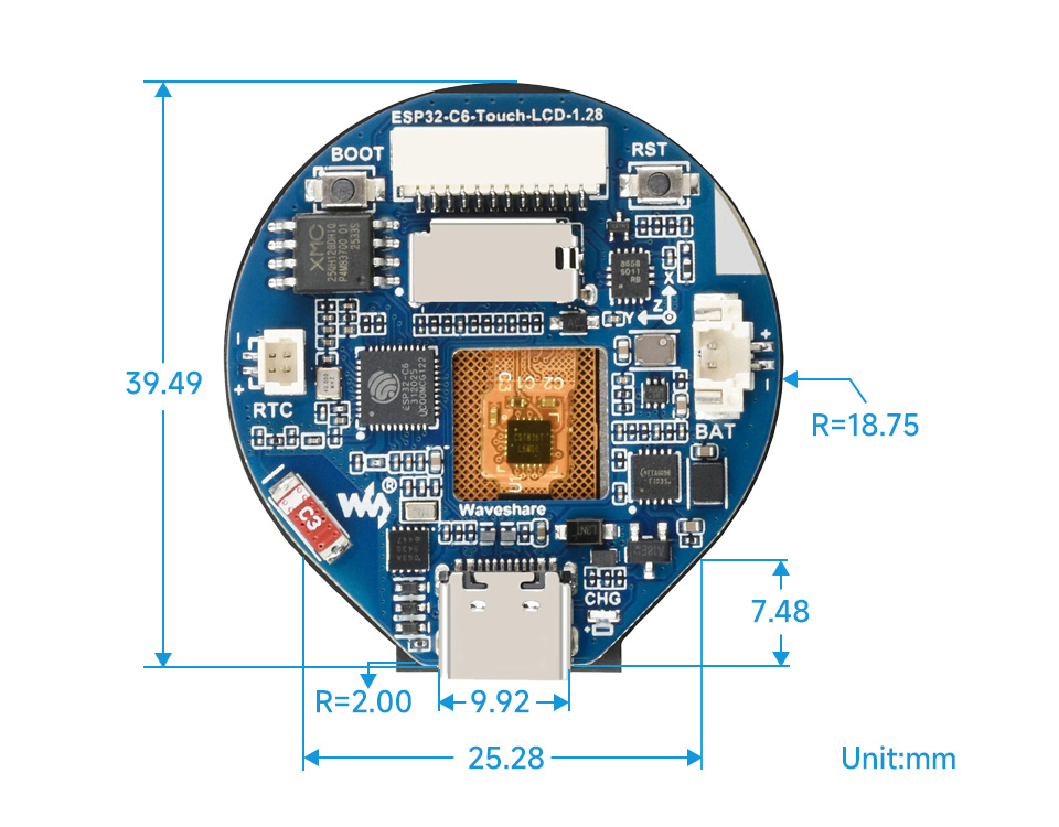 ESP32-C6-Touch-LCD-1.28 Product Dimensions