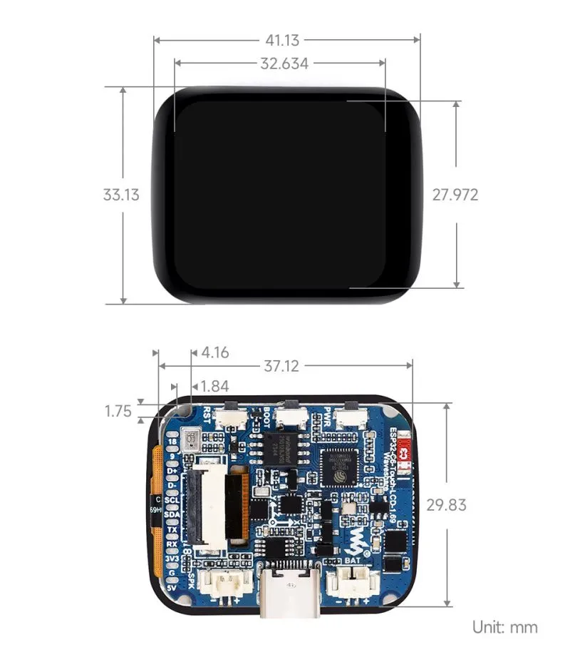 ESP32-C6-Touch-LCD-1.69 Product Dimensions