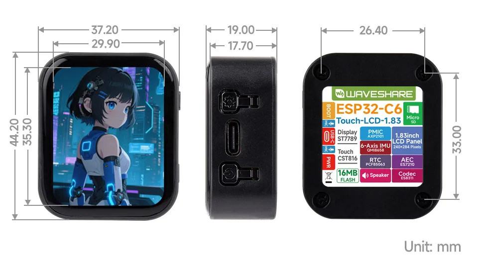 ESP32-C6-Touch-LCD-1.83 Product Dimensions