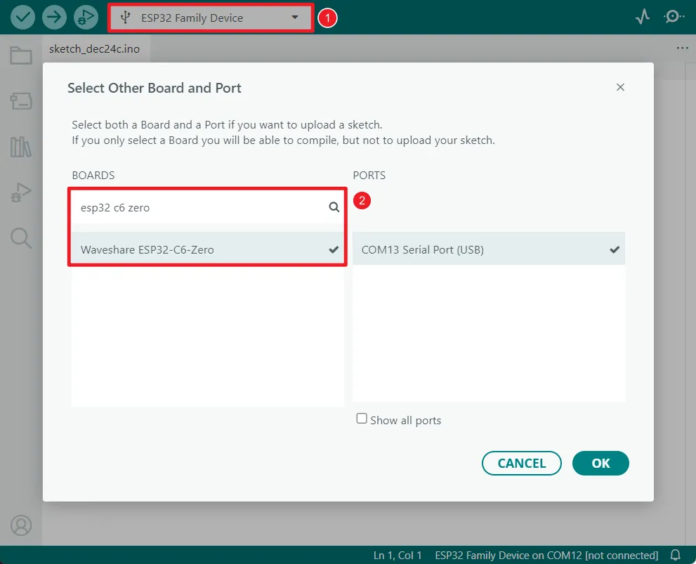 Select ESP32-C6-Zero in Arduino IDE