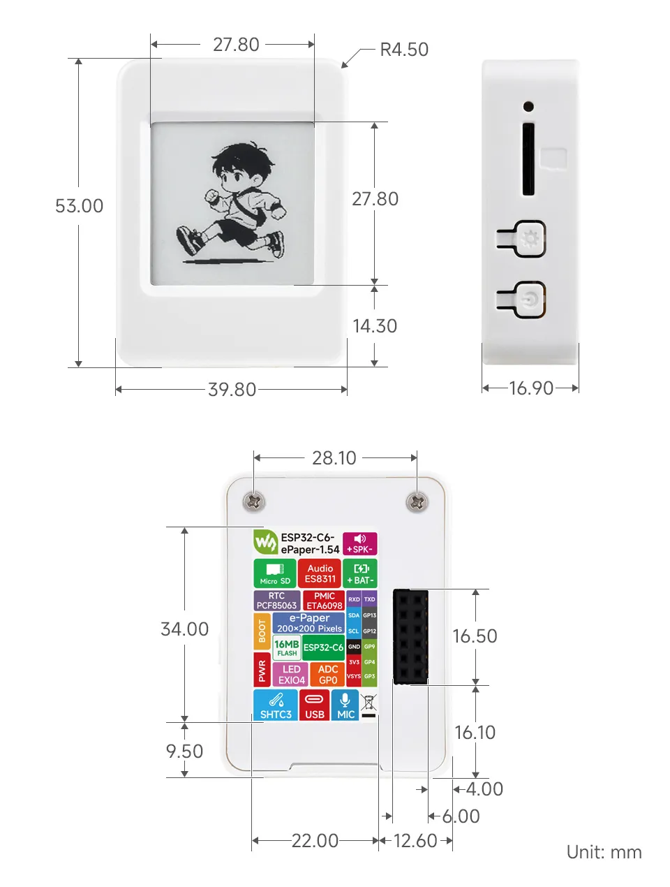 ESP32-C6-ePaper-1.54 Product Dimensions