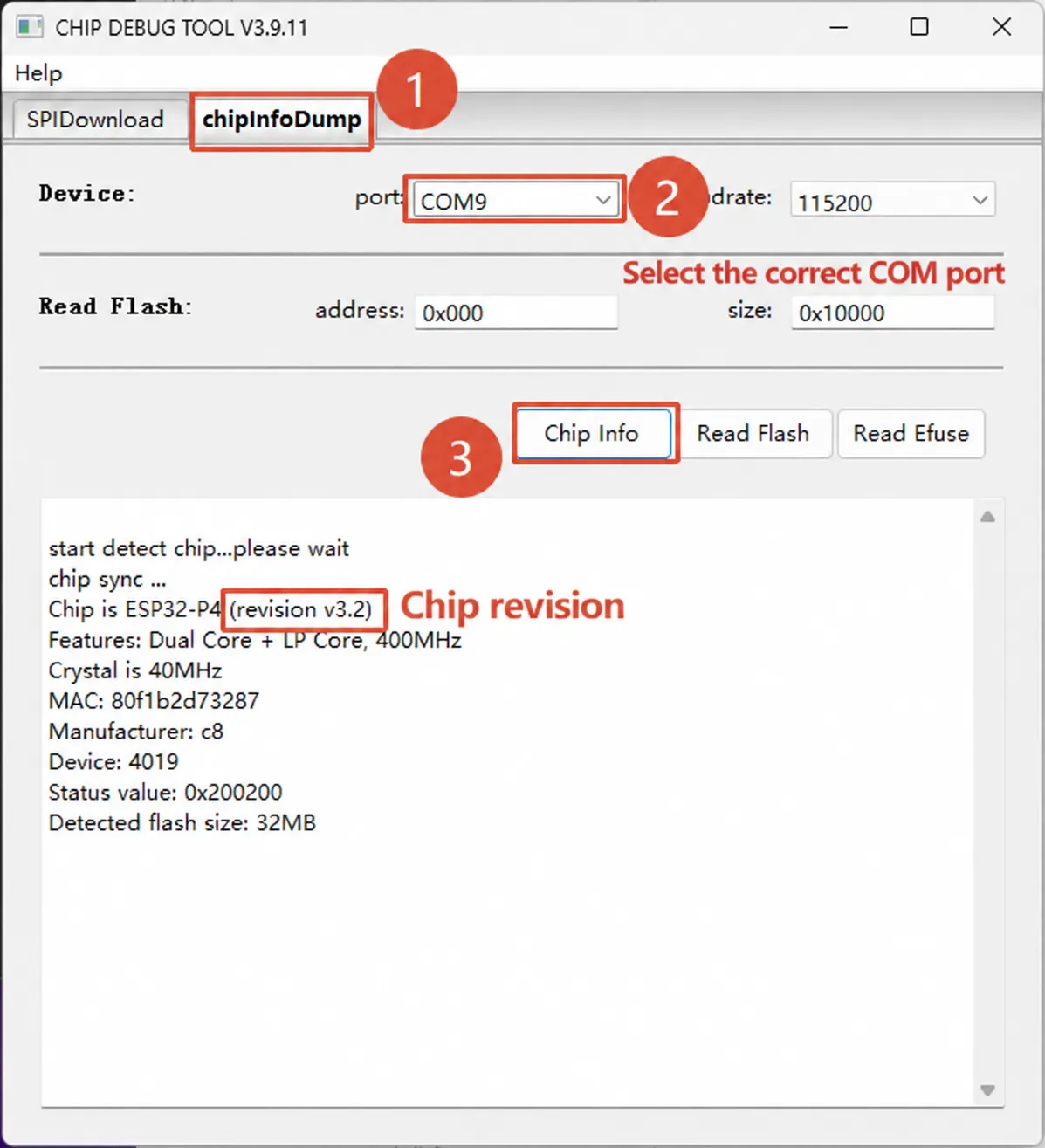 Select Port, Click Chip Info and Read ESP32-P4 Chip Version in chipInfoDump