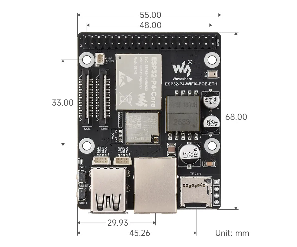 ESP32-P4-WIFI6-POE-ETH Product Dimensions