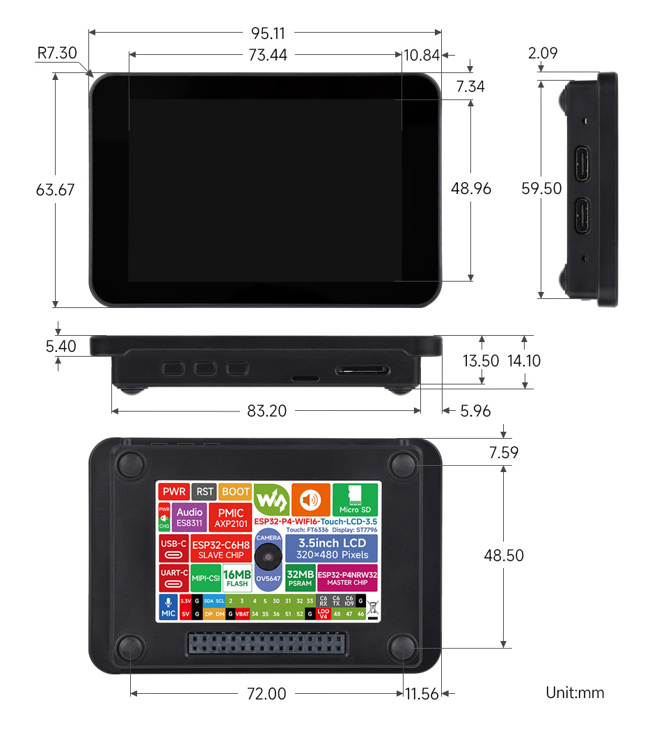 ESP32-P4-WIFI6-Touch-LCD-3.5 Product Dimensions