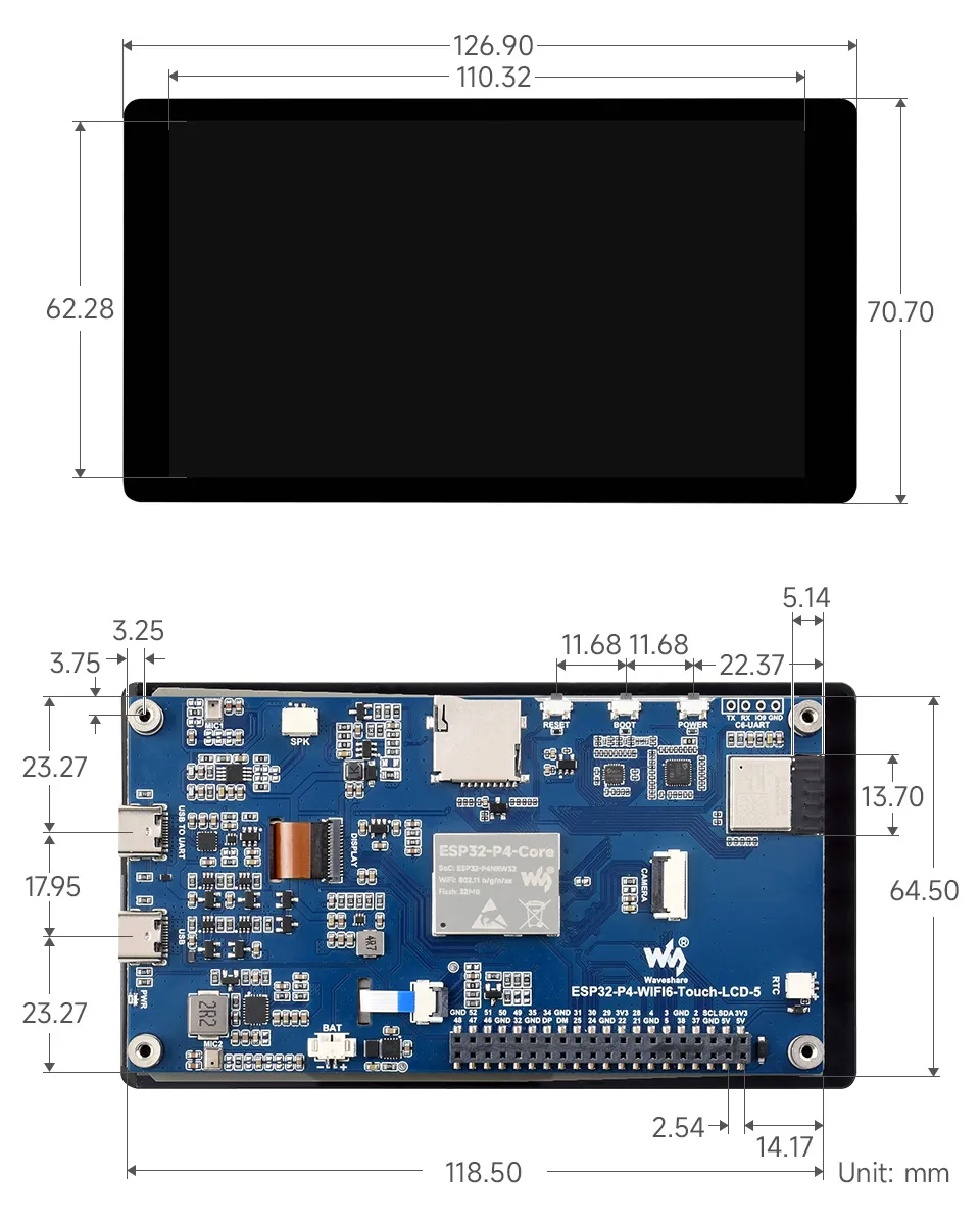 ESP32-P4-WIFI6-Touch-LCD-5 Product Dimensions